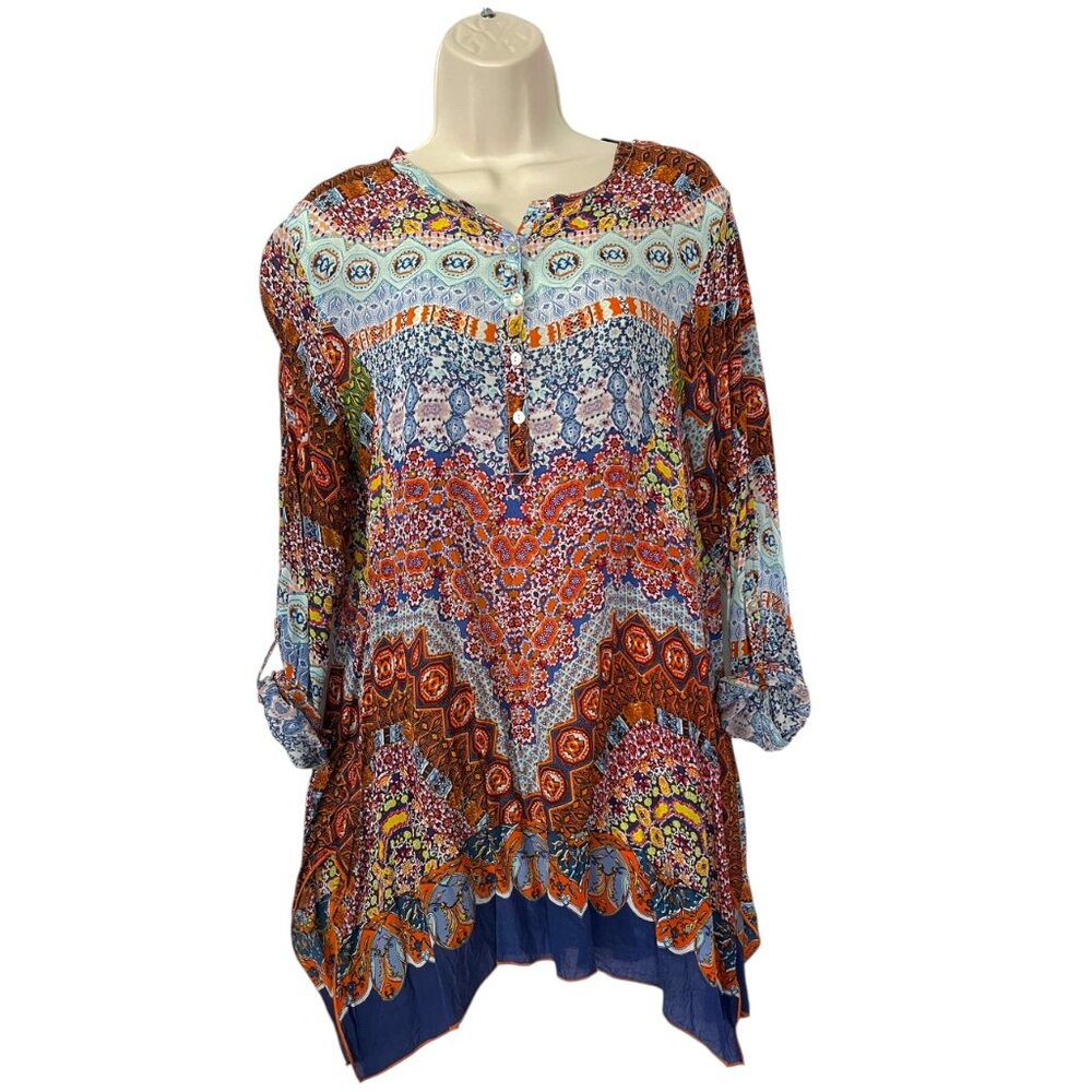 Soft Surroundings Size L Colorful Bohemian Tunic with Roll Tab Sleeves